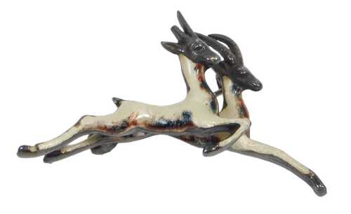 A double antelope silver and enamel brooch, depicting galloping antelopes, in white and brown...