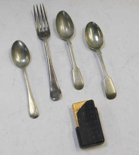 Three silver plated teaspoons, a silver plated fork, and a Dunhill lighter, in pouch. (1 tray)