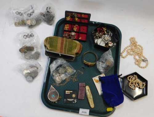 Costume jewellery and coinage, to include faux pearl necklaces, bracelets, brooches, etc.,...