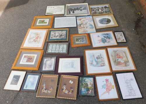 Pictures and prints, to include a winter scene, woolwork picture, an industrial woolwork picture,...