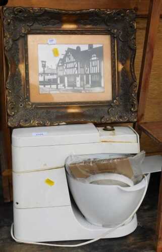 A Kenwood Chef, a gilt-framed picture of The Fox Public House, and a wooden jardini&egrave;re stand. (3)