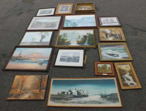 Pictures and prints, to include landscapes with figures to background, mountainous landscape...