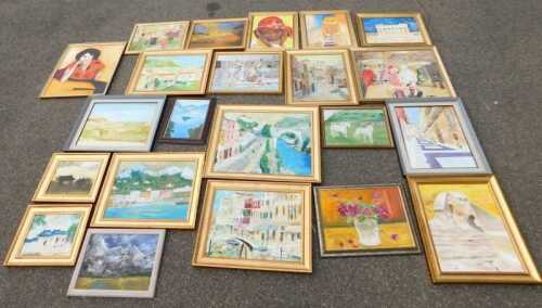 Pictures and prints, gilt framed and dark framed, oil on canvas, by amateur artists, various...