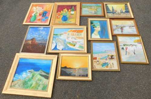 Pictures and prints, gilt framed, oil on canvas, by amateur artists.