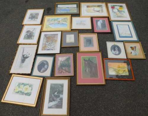 Pictures and prints, to include large gilt framed oil on canvases and prints by amateur artists....