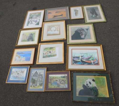 Gilt framed pastels and prints of landscape scenes, portraits, etc. (14)