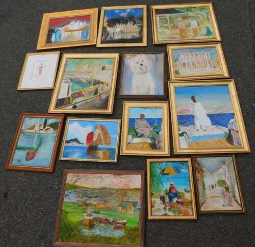 Pictures and prints, a quantity of gilt framed and wooden framed oil on board and canvas, by...