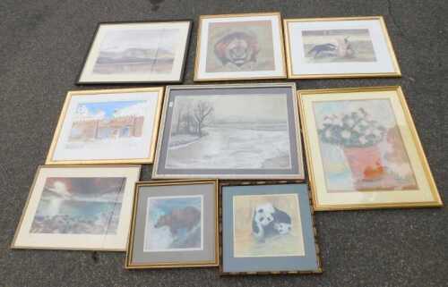 Pictures and prints, to include abstract art by amateur artists, landscapes, etc.