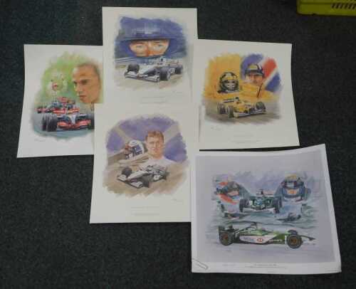 Simon Taylor limited-edition motor racing prints, comprising Lewis Hamilton, Mika Hakkinen,...