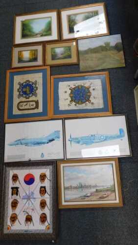 Keith Jackson (20thC School). Various watercolours, together with papyrus-type prints, aviation...