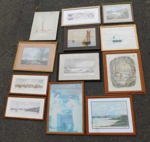 Various pictures and prints, etc, including watercolour studies, nautical prints, seascapes, a...