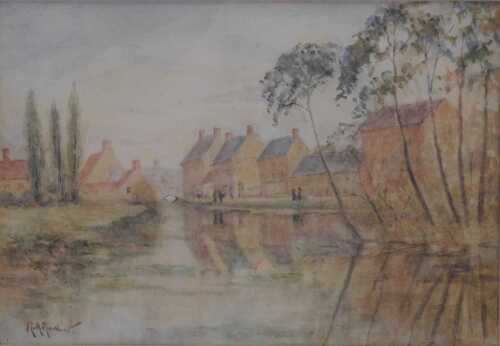 Robert A Gardner (1850-1926). A river scene, possibly Bourne Eau, with houses and figures,...