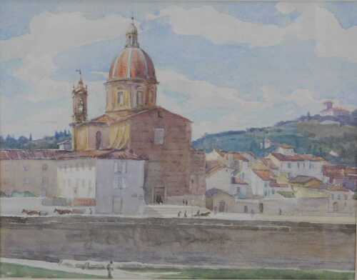 Early 20thC School. A distant view of Cathedral Santa Maria de Fiore, Florence, watercolour,...