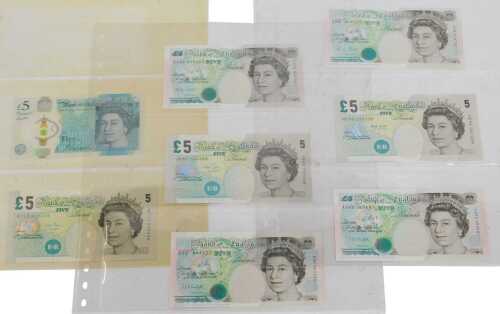 Eight Bank of England five-pound banknotes, mint and uncirculated, verso George Stephenson,...