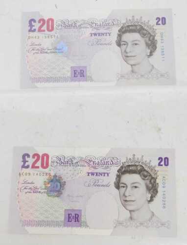 Two Bank of England twenty-pound banknotes, mint and uncirculated, verso Sir Edward Elgar,...