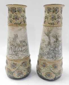 A pair of Royal Doulton Hannah Barlow vases, each decorated with woodland scenes with deer,... - 2