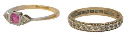 A diamond and pink stone set ring, in 18ct gold and platinum, size O, 2.3g all in, together with...