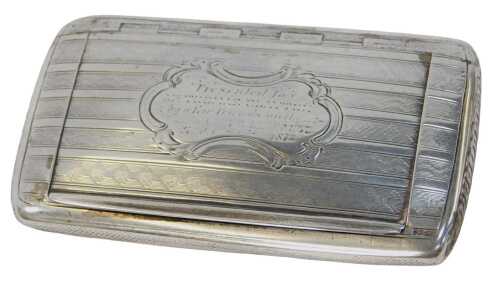 A Victorian engine-turned silver rectangular snuff box, bearing the inscription 'Presented to Mr...
