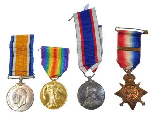 Various WWI medals, etc., comprising a Campaign Medal, Victory Medal, and 1914 August-November...