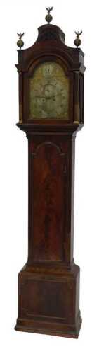 A George III mahogany longcase clock, with pillared and reeded hood, with brass ball and eagle...