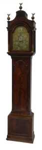 A George III mahogany longcase clock, with pillared and reeded hood, with brass ball and eagle...