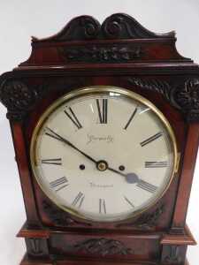 An early Victorian mahogany bracket clock, with a carved scroll-top breakfront case with bun... - 5