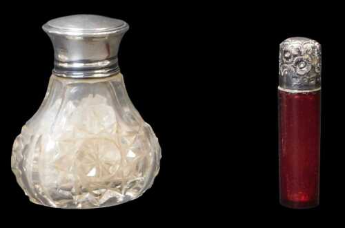 Two items of small silver, comprising a silver-mounted dressing table bottle and a Victorian...