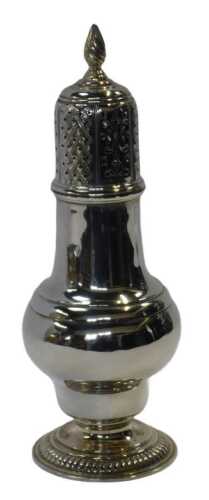 A late Victorian silver sugar castor, of baluster form, raised on a circular foot with a...