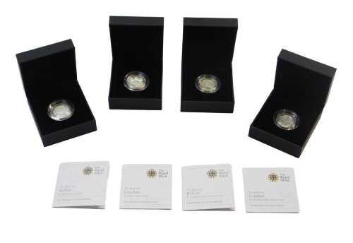 Four Royal Mint silver proof one pound coins, comprising 2010 Belfast Piedfort, another for...