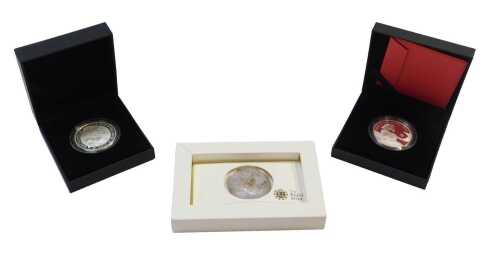 Three Royal Mint one-ounce silver coins, comprising 2014 Luna Year of the Horse, limited edition...