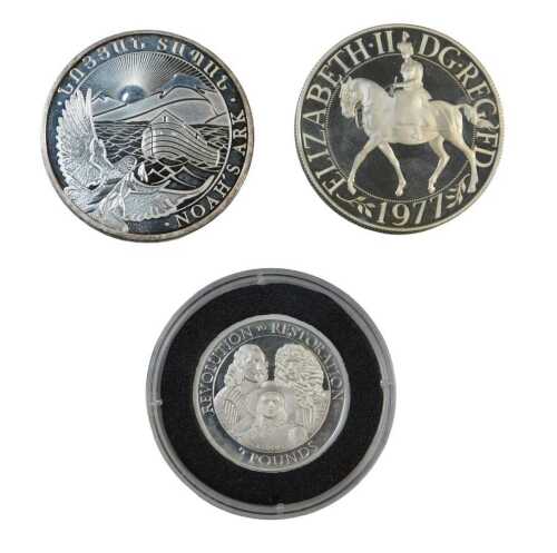 Three commemorative silver coins, comprising a 2010 Revolution to Restoration two pound coin, a...