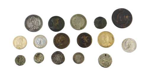 A group of coinage, to include two Queen Victoria gilt enamelled coins, George II shilling,...