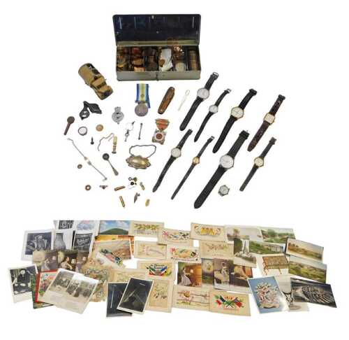 Pre-decimal coinage, including copper pennies, half crowns, etc, silk and other postcards,...