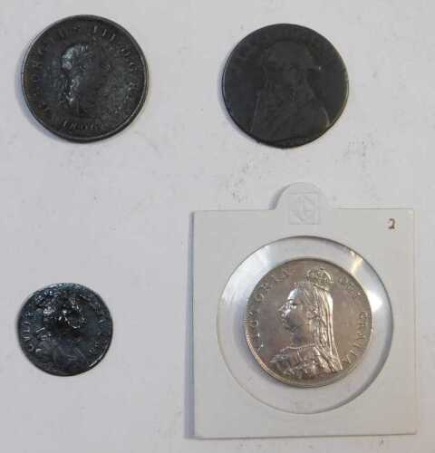 A Queen Victoria 1857 florin, together with a J Lackington halfpenny bookseller's token and two...