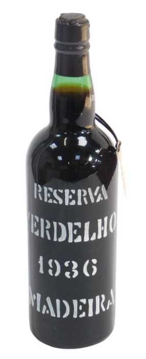 A bottle of Reserva Verdelho 1936 Madeira, with partial wax seal.