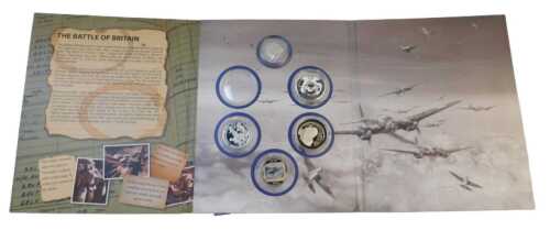 A London Mint Office Battle of Britain five-coin silver proof set, in a presentation sleeve,...