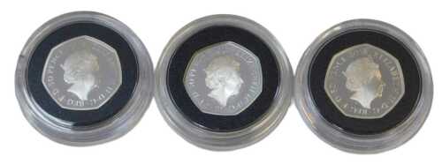 Three Royal Mint Celebrating Beatrix Potter and Her Little Tales silver proof fifty pence coins,...