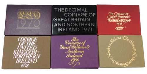 Six Coinage of Great Britain coin sets, for 1970, 1980, 1973, 1992, 1978, and 1971.