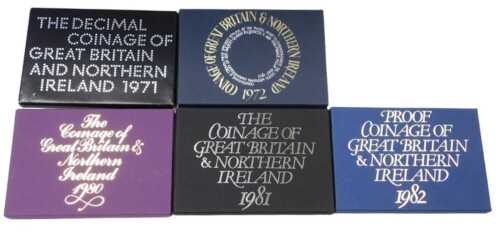 Five Great Britain and Northern Ireland coin sets, for 1982, 1980, 1972, 1981, and 1971.