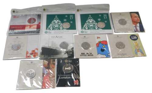 Ten Royal Mint five pound commemorative coins, comprising Mr Men and Little Miss, The Queen's...