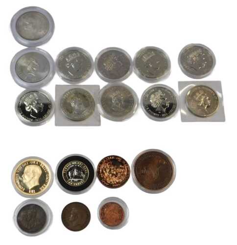 Commemorative coinage, to include 2021 five pound coins, a gold plated commemorative Elizabeth...