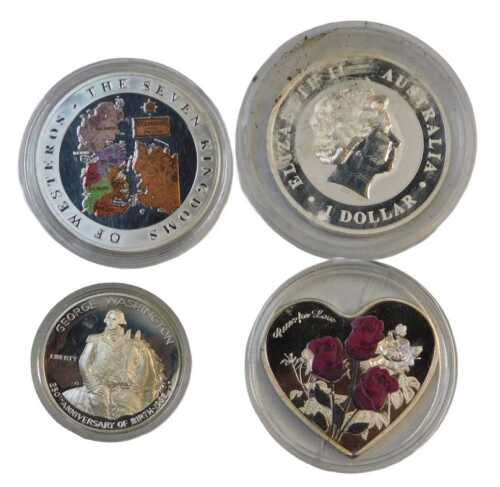 Three silver commemorative coins, comprising an Australian Koala 2012 one-dollar coin, a Game of...