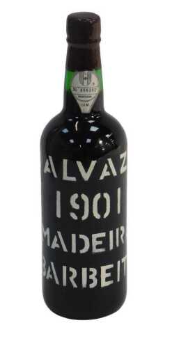 A bottle of Malvazia 1901 Barbeito Madeira, with paper label number 486382, with wax seal.