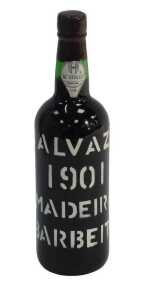A bottle of Malvazia 1901 Barbeito Madeira, with paper label number 486382, with wax seal.