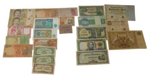 World banknotes, including a 1919 Russian ten-thousand-rouble banknote, a German banknote,...
