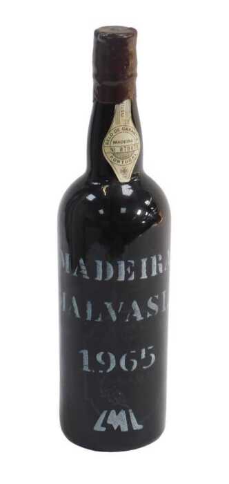 A bottle of Malvasia 1965 Madeira, numbered 070476, with wax seal.