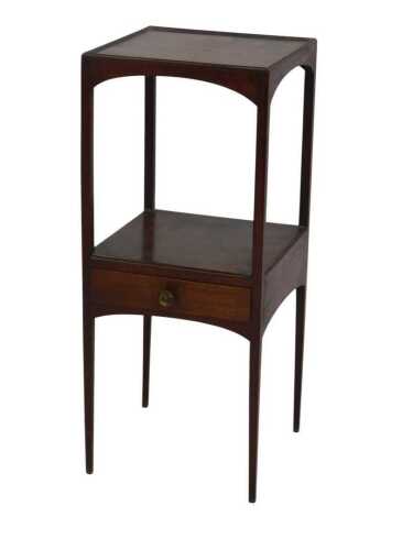 A George III mahogany washstand, of two tiers and having a single drawer with a knob handle,...