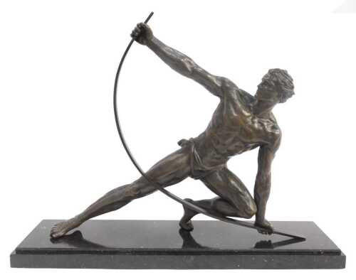 After Jean de Roncort. Le Bendeur, a spelter figure, raised on a black marble rectangular base,...