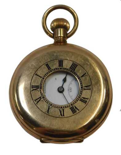 An Everite H Samuel half Hunter gold plated pocket watch, with a blue enamel Roman numeric dial,...