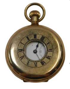 An Everite H Samuel half Hunter gold plated pocket watch, with a blue enamel Roman numeric dial,...